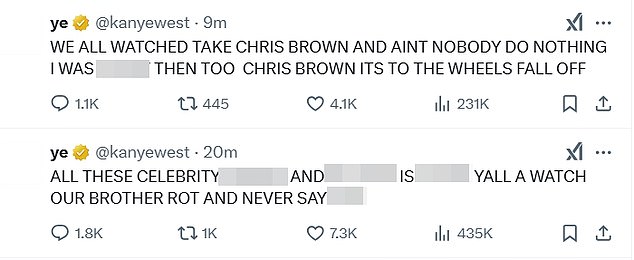 West wrote the phrase 'Free Puff' on both his Instagram and X/ Twitter accounts, later adding that he felt the Black community needed to rally around Combs, as well as Chris Brown, amid their respective troubles, past and present