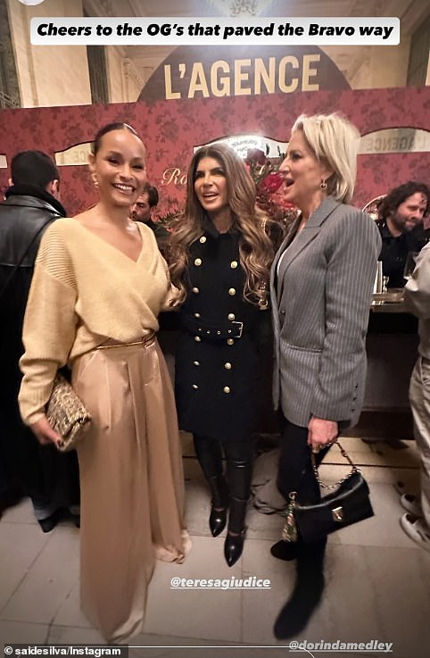 The Real Housewives of New York City star Sai De Silva (L) opted for a beige ensemble as she posed with the Real Housewives of New Jersey star Teresa Giudice (M, who's famously estranged from her sister-in-law Melissa), and RHONY alum Dorinda Medley (R)