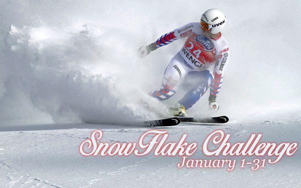 Snowflake Challenge promotional banner with image of skier kicking up snow on a snow white background. Text: Snowflake Challenge January 1-31.