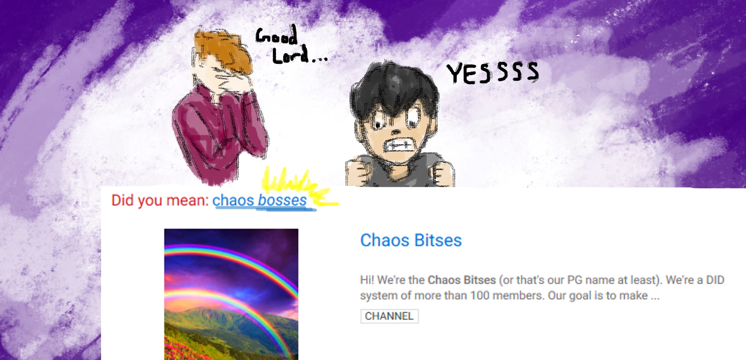 Two cartoonishly drawn men on an indigo background. The black hair man is enthusiastically agreeing with a "did you mean" search correction. The red haired man is facepalming.