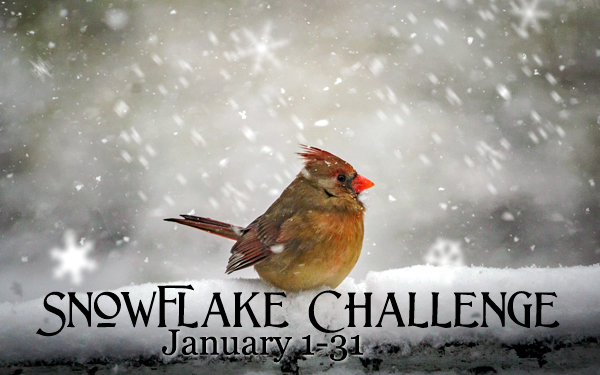 Snowflake Challenge promotional banner featuring an image of a chubby brown and red bird surrounded by falling snow. Text: Snowflake Challenge January 1-31.