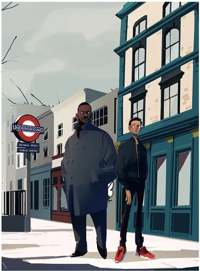 An illustration of two figures on a London street, outside the entrance to the Bethnal Green tube station. One is a tall, broad middle-aged Black man with a moustache and silver stubble, his hair in a short crew cut and fade. He stands with his hands in the pockets of his overcoat, wearing trousers and wing tip shoes. He is looking sidelong at his companion with a stern and alert expression. The other man is a shorter, slim 20 year old of South Asia heritage wearing skinny jeans and red sneakers. He is returning the sidelong look with large eyes and worried eyebrows. His short wavy hair is artfully messy, and he has one hand in the pocket of his varsity jacket. An illustration of two figures on a London street, outside the entrance to the Bethnal Green tube station. One is a tall, broad middle-aged Black man with a moustache and silver stubble, his hair in a short crew cut and fade. He stands with his hands in the pockets of his overcoat, wearing trousers and wing tip shoes. He is looking sidelong at his companion with a stern and alert expression. The other man is a shorter, slim 20 year old of South Asia heritage wearing skinny jeans and red sneakers. He is returning the sidelong look with large eyes and worried eyebrows. His short wavy hair is artfully messy, and he has one hand in the pocket of his varsity jacket.