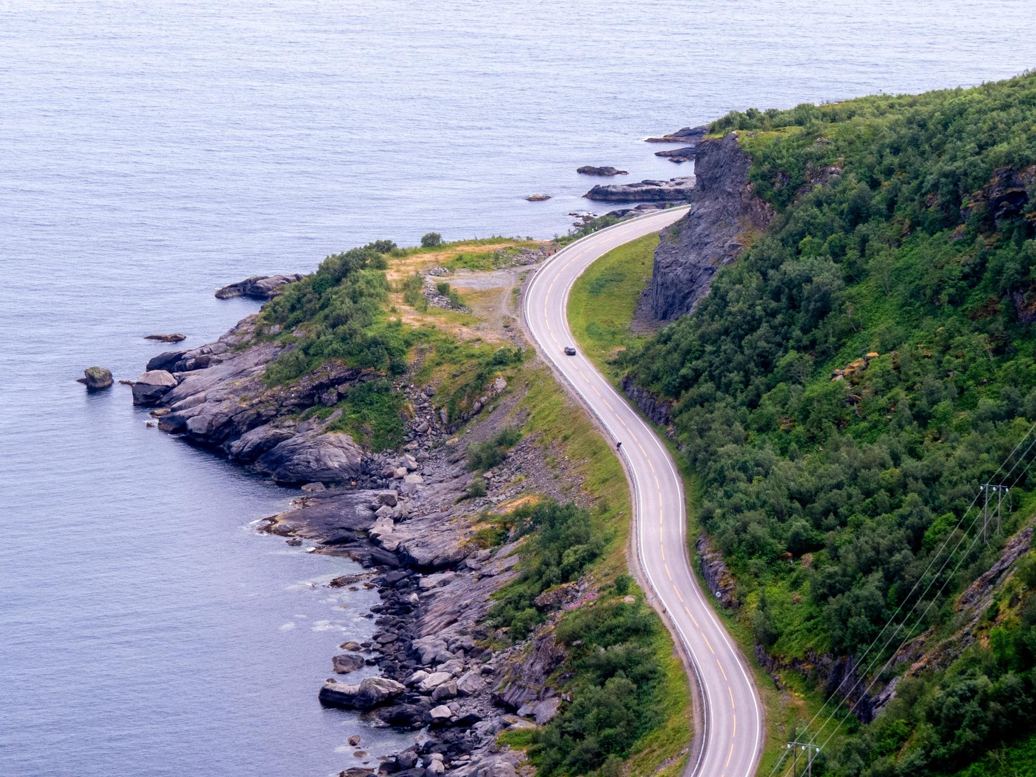 Far below the camera, a small road curves along a rocky shore by a forested cliff.