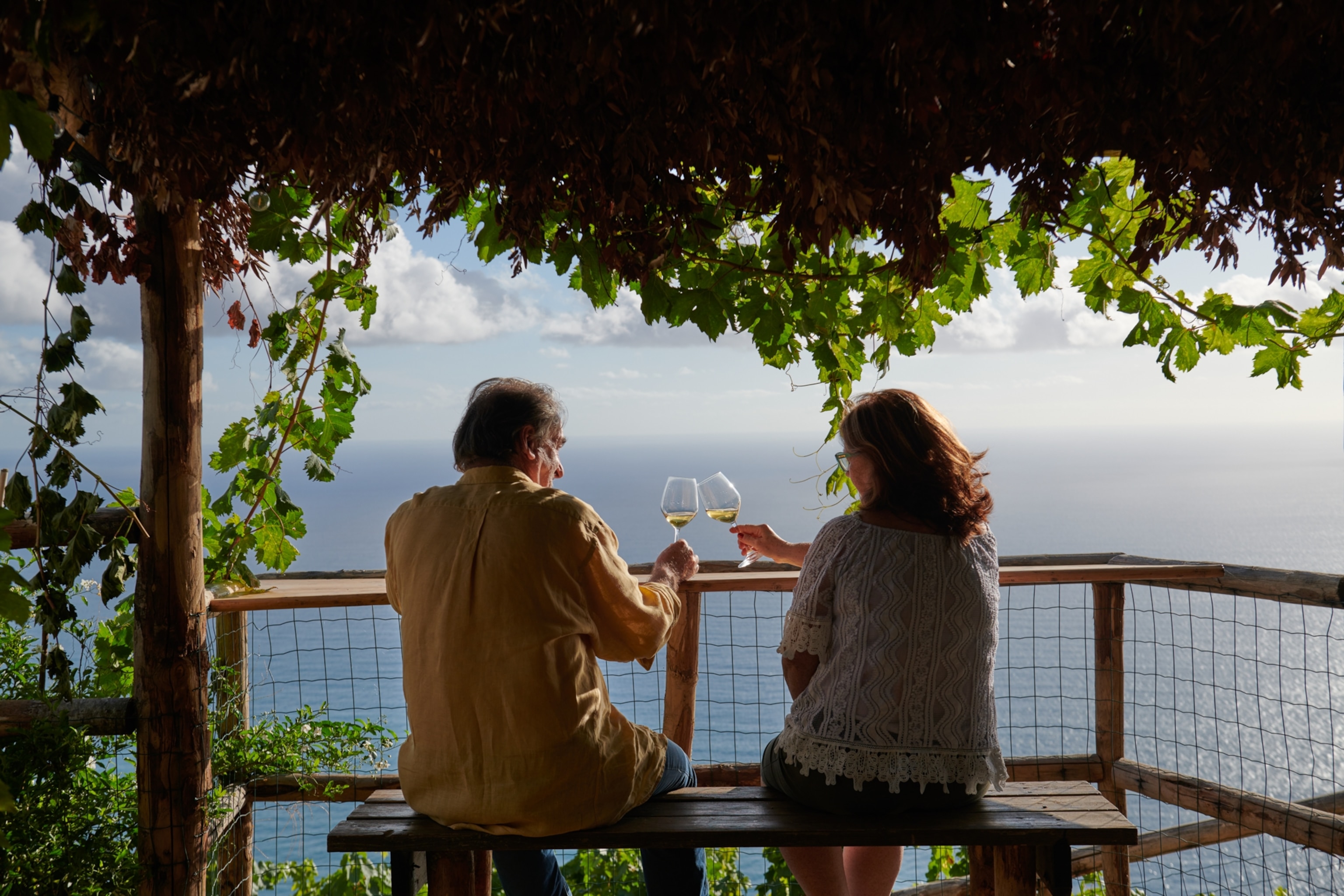 A middle-aged couple seen from behind as they toast with glasses of white wine from a shaded overlook by the sea.