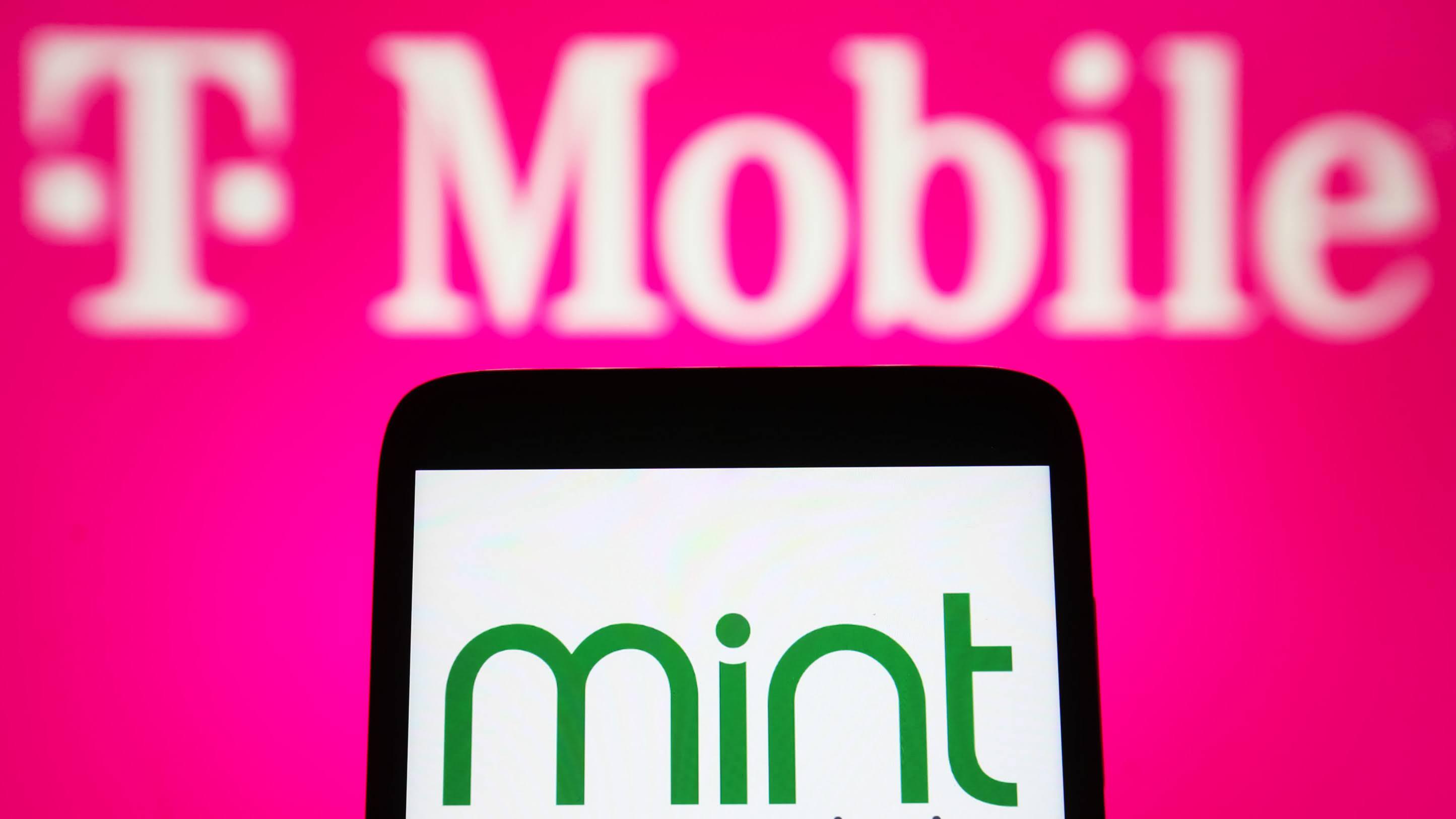 A photo shows the Mint logo on a smartphone screen, with T-Mobile's logo visible in the background.