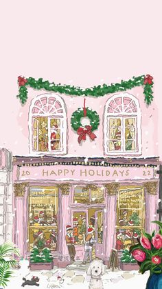 a drawing of a store front decorated for christmas