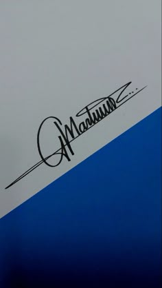 an autographed logo on the side of a blue, white and black surfboard