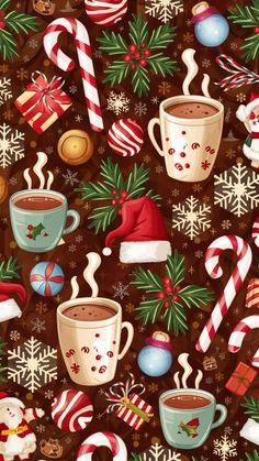 seamless christmas pattern with cups of coffee and candy canes on a brown background