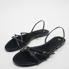 Black Zara Leather Buckle Strap Round Toe Open-Toe Slingback Sandals Flat Sandals Outfit, Feather Sandals, Flat Leather Sandals, Tie Up Sandals, Brown Leather Flats, Zara Heels, Leather Gladiator Sandals, Cute Modest Outfits, Buckled Flats