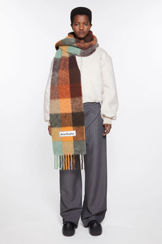 Mohair checked scarf Chunky Plaid Scarf, Acme Studio Scarf, Scarf Photoshoot, Acne Studios Scarf, Suit Jacket Dress, Seamless Top, Chunky Scarves, Patches Fashion, Velvet Trousers