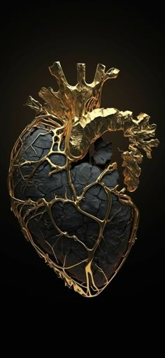 a gold and black heart shaped object on a black background