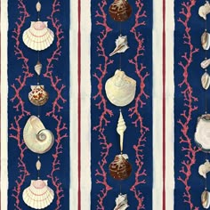 an image of seashells on blue and white striped wallpaper with red coral