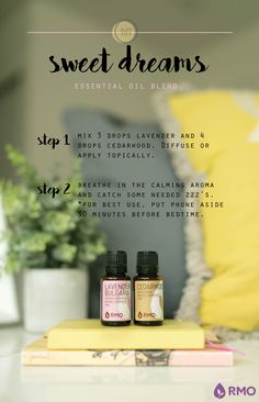 Allow this diffuser blend lull you to dreamland! Sweet Dreams mixes Lavender and Cedarwood to create a floral, woodsy aroma that will leave you prepared to catch the zzz’s you deserve. Check out our RMO blog to see more recipes and remember to get your 10% off that week's Essential Wednesday essential oils! Essential Oils Herbs, Essential Oils Health, Diffuser Blend, Diffuser Recipes, Essential Oil Diffuser Blends, Young Living Oils, Oil Diffuser Blends, Doterra Oils