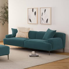 a living room scene with focus on the couch and ottoman