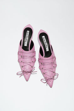 Lace-up heel mules Cute Shoes Png, Clogs Fashion, Runway Heels, Clog Fashion, Acne Studios Shoes, Pink Mules, Acne Studio, Shoes Heels Classy, Mule Shoes