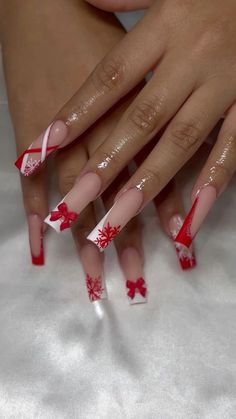 Christmas Ideas Nails, Christmas Tapered Square Nails, Wine Acrylic Nail Designs, Bougie Acrylic Nails, White And Red Nails With Designs, Nails Acrylic Winter Colors, Long Nails Inspo 2024, Red Nails With Ribbon, Christmas Nails And Toes Matching