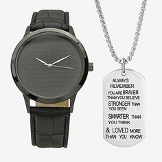 # Pieces In Set: 2Included: 1 Necklace(s), 1 Watch(es)Features: Religious Jewelry, Quick ShipJewelry Closure: Lobster ClaspWater Resistance: 10mBand Color: BlackMetal Color: Silver ToneCase Width: 40mmBand Content: LeatherCase Materials: 100% Metal AlloyCare: Wipe CleanBand Type: StrapCountry of Origin: Imported Classic Black Watches For Father's Day, Stainless Steel Analog Watch Accessories For Gifts, Analog Stainless Steel Watch Accessories For Gift, Gift Analog Watch Accessories In Stainless Steel, Gift Stainless Steel Analog Watch Accessories, Black Analog Watch Accessories For Gift, Black Analog Watch Accessories As A Gift, Black Stainless Steel Watch Accessories For Gift, Black Stainless Steel Watch Accessories As Gift