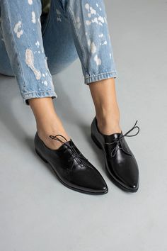 "Black Leather Shoes, Classic Oxfords, Women Oxfords, Comfortable Shoes, Lace Up Shoes, Black Dress Shoes, Black Formal Shoes, Women Flats These are Classic Black Oxford Flat Leather Shoes with lace for a comfortable closure. They are comfortable and Chic and will look great with any outfit. We use the finest leather and the most comfortable shoe shape. We use a manufactured durable sole so that you can enjoy the most out of these gorgeous shoes. All of our shoes are handmade, created with caref Black Formal Shoes Women Flat, Black Oxfords With Almond Toe And Laces, Black Almond Toe Oxfords With Laces, Leather Oxfords With Flat Heel And Laces, Leather Oxfords With Laces And Flat Heel, Black Pointed Toe Lace-up Shoes With Removable Insole, Black Lace-up Flats With Leather Sole, Black Lace-up Shoes With Leather Footbed And Pointed Toe, Black Lace-up Shoes With Pointed Toe