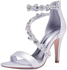 Wedding Shoes With Rhinestones For Banquet, Silver Open Toe Wedding Shoes For Banquet, Satin Heels With Rhinestones For Wedding, Satin Heels With Rhinestones For Prom, Glamorous Silver Heels For Banquet, Silver Embellished Heels For Banquet, Silver Ankle Strap Heels For Banquet, Glamorous Satin Wedding Heels, Rhinestone Wedding Shoes For Banquets