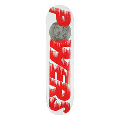 a red and white skateboard with the word santa on it's bottom half