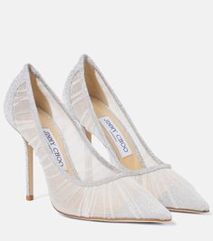 Love 100 glitter-tulle pumps in silver - Jimmy Choo | Mytheresa Designer Wedding Shoes, White Wedding Shoes, Justin Alexander, Mid Heels Pumps, Jimmy Choo Heels, Bridal Heels, Silver Pumps, Wedding Shoes Heels, Glitter Heels