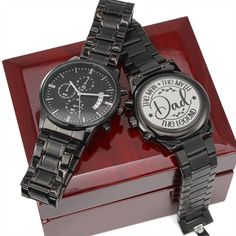 The Man The Myth The Legend Engraved Watch for Dad | Engraved Watch Men, Engraved Watch, Engraved Mens Watch, Custom Mens Watch, Mens Watch, Personalized Watch, Jewelry A personalized gift that can withstand constant use, this Engraved Design Black Chronograph Watch is the perfect gift for all the special men in your life. A thoughtful groomsmen gift, an anniversary memento, or a long-lasting keepsake for Father's Day - it's a versatile piece sure to warm hearts and create smiles. Featuring a three-dial face, calendar function, and luxury pointer in a water-resistant and scratch-proof vessel.  Made from high-quality Stainless Steel and featuring a Copper Dial. Ships in a gift box - so it can be sent directly to your lucky recipient.  Product Details  Stainless Steel (316L)  Luxury Copper D Stainless Steel Chronograph Watch As Gift, Analog Stainless Steel Jewelry And Watches As Gift, Black Analog Watch As Gift, Black Watch Accessories With Date Display For Anniversary, Chronograph Watch Accessories With Round Dial, Black Analog Watch Accessories As A Gift, Black Jewelry And Watches With Round Dial For Gift, Gift Chronograph Watch With Round Dial And Subdials, Black Stainless Steel Watch Accessories As Gift