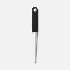 a knife with a black handle on a white background