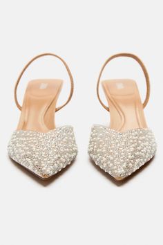 PEARL HEELED SLINGBACKS Bride Shoes Beach Wedding, Shoes To Wear To Wedding As Guest, White Bridal Shoes Low Heel, Pointed Bridal Shoes, Square Toe Wedding Shoes, Nude Bridal Shoes, Low Block Heel Wedding Shoes Brides, Wedding Shoes Bride Low Heel, Pearl Shoes Wedding