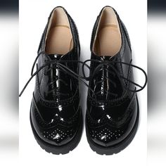 Women's Lace Up Wingtip Oxford. Platnum Chunky Heel. Vintage Round Toe Brogue Shoe. Us Size 8. Never Worn. Ordered Next Size Up And Never Returned These. Love Mine. Black Lace-up Oxfords For Party, Black Lace-up Synthetic Oxfords, Black Oxfords With Rubber Sole For Party, Black Brogue Oxfords For Party, Black Patent Leather Lace-up Shoes With Pointed Toe, Black Patent Leather Lace-up Shoes With Closed Toe, Black Synthetic Round Toe Oxfords, Casual Oxfords With Brogue Detailing For Party, Casual Party Oxfords With Brogue Detailing