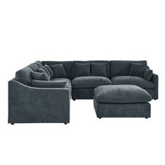 the sectional sofa with ottoman and footstool is shown in grey fabric, which also includes