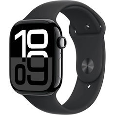 an apple watch with the number ten on it's face and black band is shown