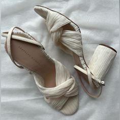 Loeffler Randall - Retails For $395 Worn Once For A Wedding, Super Comfortable For Heels! Pleated Heeled Sandal In Ivory Pearl Fabric With Knot, Open Toe With Adjustable Buckle Ankle Strap. 3.5 Inch Heel. Bridal Beach Shoes, Wedding Shoes For Grass, Ivory Platform Heels, Short Bridal Heels, Beach Wedding Heels, Beach Wedding Shoes Bridesmaid, Wedding Flat Shoes For Bride, Luxury White Heels With Stacked Heel, Luxury White Stacked Heel Heels