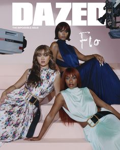 three women sitting on top of a pink couch in front of a tv screen with the caption dazed fio