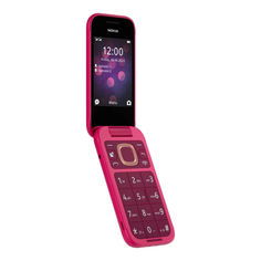 a pink cell phone sitting on top of a white surface