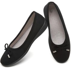 PRICES MAY VARY. Comfortable Foot Feeling: These ballet flats women are made of faux suede, soft material wraps your feet like a hug with a cushiony feel of support. Reposeful Outsole: With a one-piece lightweight sole and 1.18-inch heel support, these ballet flats shoes women have enough height to flatter your silhouette for a more elaborate look. Unique Design: These black ballet flats with a slightly round toe have bowknot with metal decoration, adds sparkle to the overall drab design and cat Dress Shoes Womens Flats, Green Shoes Women, Formal Flats, Womens Dress Shoes, Polka Dot Jumpsuit, Dressy Casual Outfits, Comfy Flats, Black Flats Shoes, Black Ballet