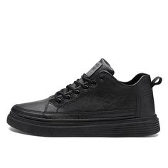 Black Leather Shoes With Rubber Sole For Winter, Casual Black High-top Leather Shoes, Leather Skate Shoes With Round Toe, Flat Heel Sneakers For Fall Streetwear, Black Leather Flat Heel Shoes For Winter, Black Flat Heel Leather Shoes For Winter, Black Ankle-high Lace-up Shoes For Spring, Ankle-high Black Lace-up Shoes For Spring, Streetwear Leather Shoes With Textured Sole And Round Toe