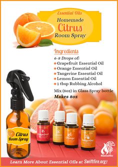 Young Living Essential Oils: Citrus Room Spray and Air Freshener Essential Oil Spray Recipes, Diy Room Spray, Homemade Essential Oils, Tangerine Essential Oil, Grapefruit Essential Oil