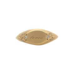 This 14k gold hand-carved ring has an engravable surface accented with 6 grain-set diamonds.  This ring can be ordered plain (with no engraving) or engraved - with one initial or up to 5 characters. In-stock ring: Accent stones: 6 white round diamondsMetal: 14k yellow goldBand type: knife-edgeSize: 6 3/4 - can be resiz Luxury Rose Gold Signet Ring With Vs Clarity, Luxury Rose Gold Hallmarked Signet Ring, Luxury Engagement Signet Ring With Open Design, Luxury Vintage Open Signet Ring, Vintage Pinky Rings, Luxury Vintage Signet Ring With Engraving Option, Signet Ring Engraved, Luxury Vintage Signet Ring With Polished Finish, Modern Signet Ring