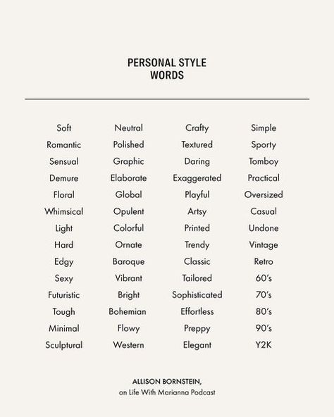 Marianna Hewitt | what 3 words describe your style? what words do you think describe my style? If you want to learn how to figure out your personal style�… | Instagram How To Choose My Style, 3 Words Style, How To Describe Clothing In Writing, Personal Style Words, Words To Describe Clothes, 3 Word Method Style, Finding Personal Style, How To Find Personal Style, How To Find Your Personal Style