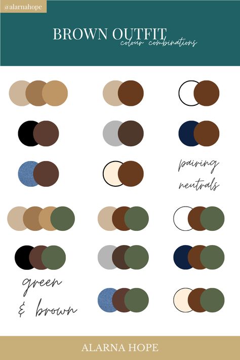 What Colours Go With Brown Clothes + Colour Combinations — Alarna Hope Khaki Green Colour Combinations, Combination Of Colors Design, Brown Dress Color Combinations, Dark Brown Matching Colors, Colours To Wear With Brown, Fall Outfit Color Combos, Brown Color Match, Dark Green Matching Colors Outfit, Colors To Wear With Brown Pants