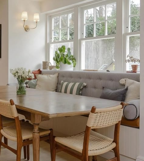 Millie Turner | Right should probably get back to posting about interiors again… We love a banquette bench, perfect for entertaining being able to… | Instagram Millie Turner Designs, Dinning Room Built Ins Banquet, Long Banquette Seating, Kitchen Banquette Ideas Window, Banquette In Front Of Window, Banquette Tables, Dining Room With Bench, Dining Room Banquette Seating, Dining Nook Bench