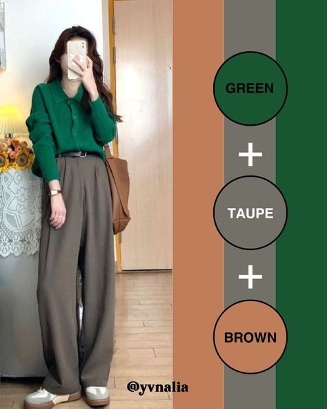 Green Color Combinations Outfit, Green And Brown Outfit, Outfit Color Combinations, Taupe Outfit, 2 Color Combinations, Green Color Combinations, Relaxing Night, Color Outfits, Mix Match Outfits