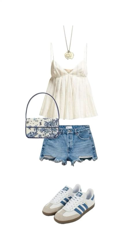 summer outfit inspo | cute fit | european summer | casual | stockholm style outfit | adidas shoes 🌟 Casual Patio Outfit, Blue And White Shorts Outfit, Summer Outfits Adidas Samba, Everyday Outfits Shorts, White Shorts Outfit Summer Casual, Blue Samba Adidas Outfit, Somba Outfits, Summer Outfits Stockholm Style, Stockholm Summer Outfit