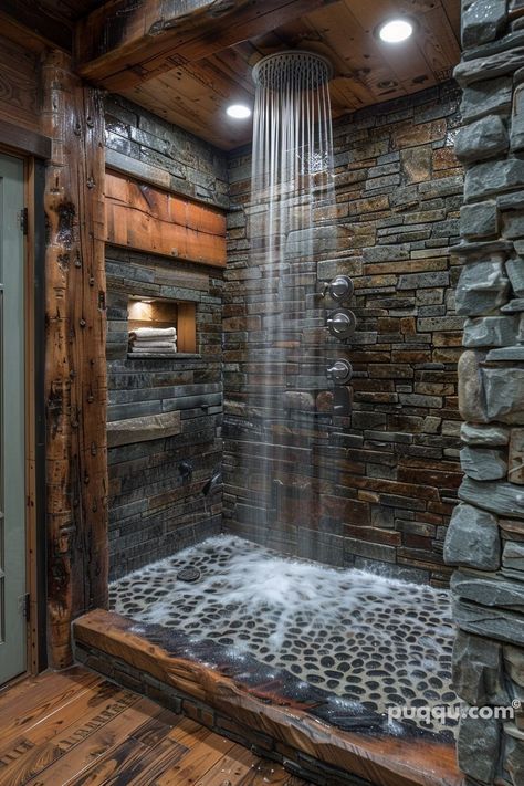 Dream House Design Ideas, New Apartment Inspiration, Stone Walk In Shower Ideas, Dream Shower Walk In, Cute Shower Ideas, Modern Rustic House Design, Dream House Decor Ideas, Dark Theme Bathroom, Natural House Design