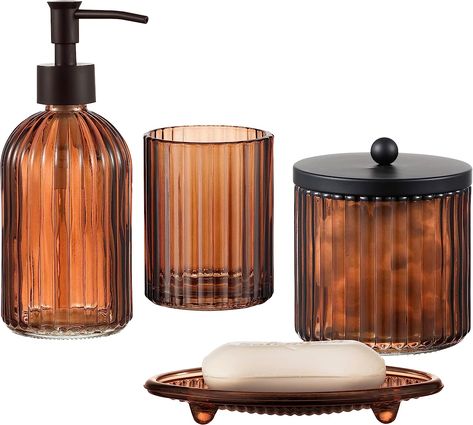 4PCs Heavy Weight Decent Glass Bathroom Accessories Set with Decorative Pressed Pattern - Includes Hand Soap Dispenser & Tumbler & Soap Dish & Toothbrush Holder (Brown) : Amazon.ca: Home Brown Glass Bathroom Accessories, Glass Bathroom Accessories, Bathroom Accessories Set, Hand Soap Dispenser, Brown Bathroom, Gold Bathroom, Downstairs Bathroom, Boho Bathroom, Bathroom Soap Dispenser