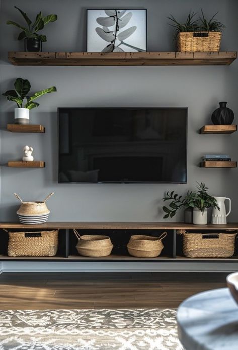 Mcm Tv Wall Ideas, Tv Unit Shelves Decor, Living Room Tv Mounted On Wall, Wall Mount Shelves Living Room, Flat Living Room Ideas Modern, Accent Wall With Mounted Tv, Tv Wall Mount With Shelves, Living Room Tv Wall With Shelves, Wall Mounted Tv With Shelves