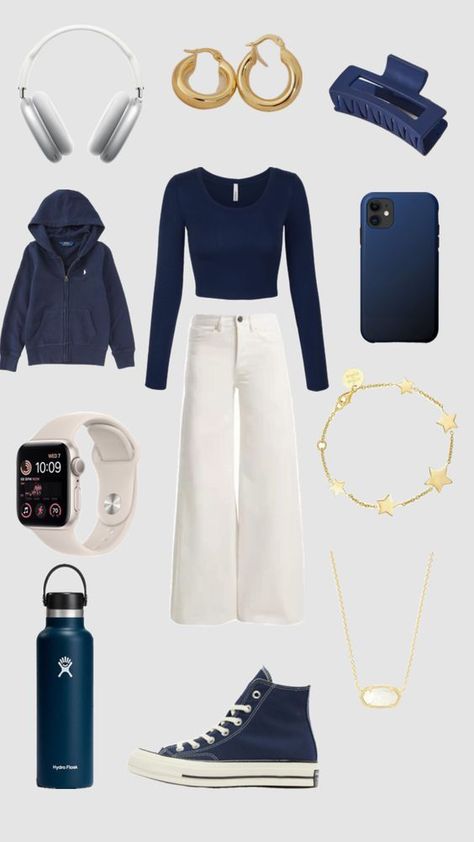 dark-blue-Kogmo-Long-Sleeve-Crop-Top-white-EXTE-denim-trousers-dark-blue-Ralph-Lauren-French-Terry-Hoodie-Converse-Hi-Navy-golden-assesories-Hydro-Flask-bottle, Stockholm style, Stockholm outfits, fall outfits, autumn outfit, casual outfits, fashion outfits, lookbook outfits, everyday outfits, outfit inspo, back-to-school-outfits, college outfit, uni outfit, university outfit, Streetwear fashion, work outfits women, fall 2023 fashion trends Fashion Forward Outfits, Skandinavian Fashion, Stockholm Street Style, Stockholm Style, Casual Preppy Outfits, Trendy Outfits For Teens, Cute Lazy Day Outfits, School Looks, Stockholm Fashion