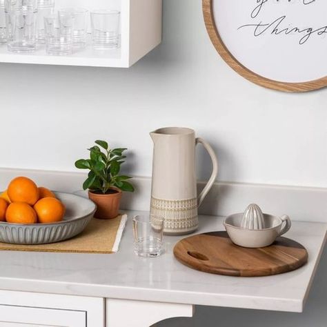 Serve Board, Potter Barn, Clay Pitcher, Lemon Plant, Chip Gaines, Waffle Weave Shower Curtain, Wood Serving Bowl, Glass Drinkware, Citrus Squeezer