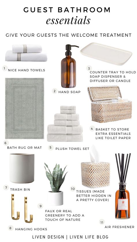 Essentials For Sprucing Up Your Guest Bathroom Guest Bathroom Essentials, Bathroom Counter Decor, Guest Bathroom Decor, Guest Toilet, Towel Decor, Counter Decor, Bathroom Design Decor, Guest Bathrooms, Downstairs Bathroom