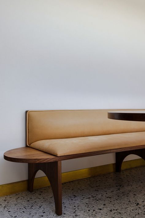 Dining Table Sofa Bench, Wooden Banquette Seating In Kitchen, Lounge Bench Seating, Mid Century Built In Bench, Small Space Banquette, Mid Century Banquette Seating, Bench Dining Seating, Japanese Banquette Seating, Mcm Banquette Seating